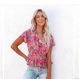 Vici Pink Floral Wrap Blouse